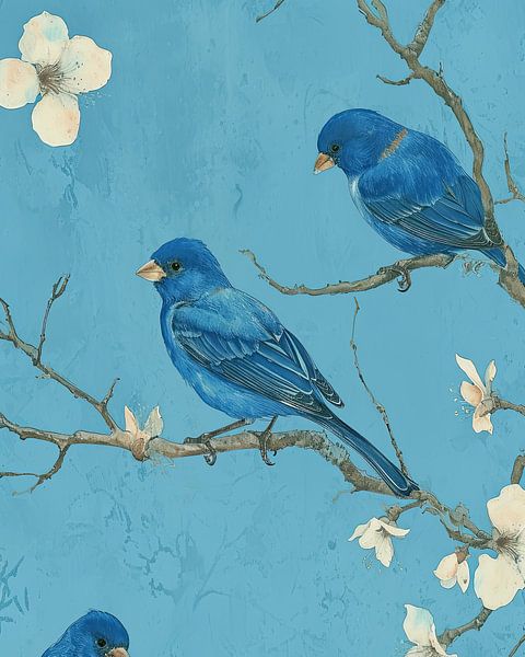 Three blue birds with blossom branch by Vlindertuin-Art