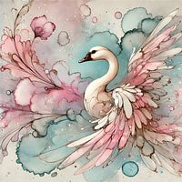 Betoverende Gans met Kersenbloesems - Waterverf en Alcoholinkt Design