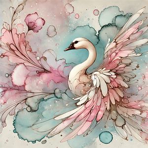 Bezaubernde Gans mit Kirschblüten - Design mit Aquarell und Alkoholtinte