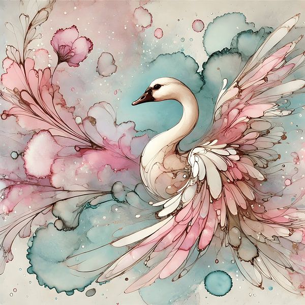 Betoverende Gans met Kersenbloesems - Waterverf en Alcoholinkt Design van Manuela Dekkers