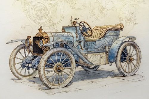 Detailed drawing of a vintage convertible 