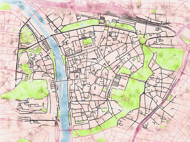 Map of Würzburg centrum with the style 'Soothing Spring' by Maporia