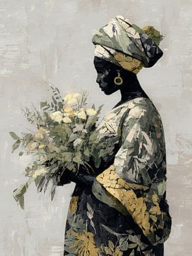 Elegantie in Stilte – Afrikaanse Vrouw met Bloemen