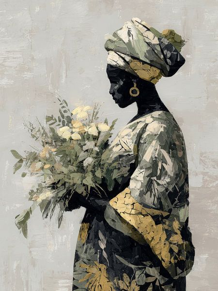Elegance in Silence - African Woman with Flowers by But First Framing