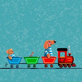 Tiny Dachshund Tobie rides a train - blue by Linda van Putten