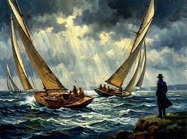 Ölgemälde: Segelszene unter stürmischem Himmel