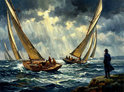 Olieverfschilderij van een zeiltafereel bij stormachtig weer van Jan Keteleer