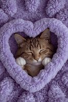 Slapende tabby kat in Purple Heart deken