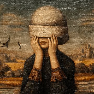 Vintage surrealistisch olieverfschilderij van een wrede wereld en stille angst