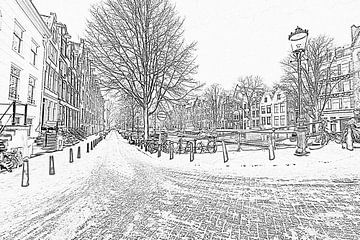 Zwart wit pencil tekening van Amsterdam in de sneeuw van Eye on You