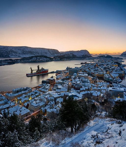 View from Fjellstua over Ålesund during a winter sunset, Norway by qtx