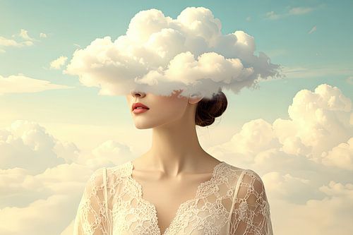 vrouw met hoofd in de wolken