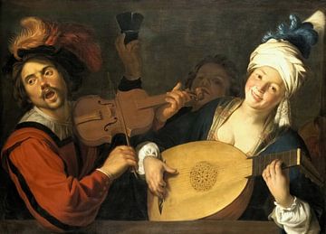 A Merry Group Behind a Balustrade with a Violin and a Lute Player - Gerard van Honthorst
