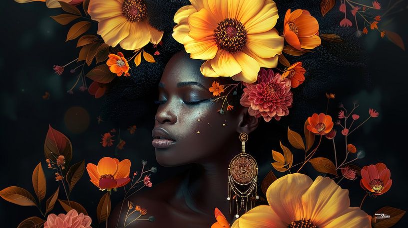 african woman with flowers by Gelissen Artworks