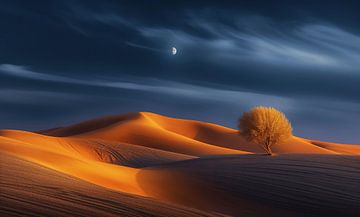 Eenzame boom in de woestijnnacht van fernlichtsicht
