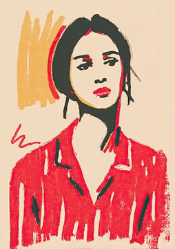 Vrouw in rode gestreepte blouse voor beige achtergrond