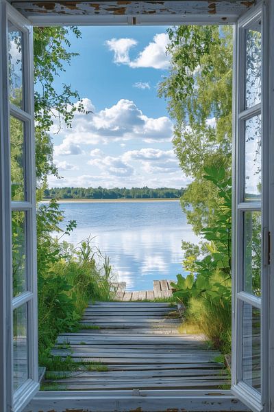 Vue de la fenêtre sur un lac calme par Poster Art Shop