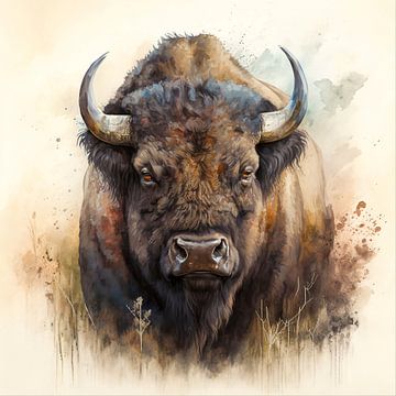 Bison in Aquarell von Carla van Zomeren
