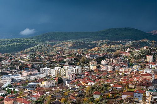 High angle panorama over the traditional village of Kruja, Alban
