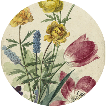 Boeket van tulpen, viooltjes, blauwe druifjes en dotters, Willem van Leen