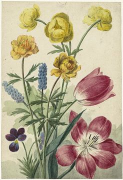 Boeket van tulpen, viooltjes, blauwe druifjes en dotters, Willem van Leen