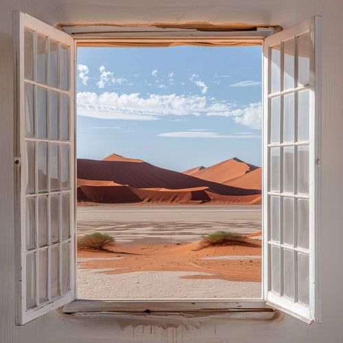 Uitzicht vanuit het raam op de Namib-woestijn