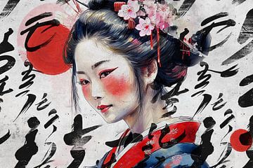 Traditionele Japanse geisha met Japanse tekens (kunst) van Art by Jeronimo