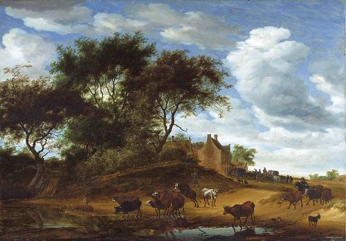 nederlands landschap met vee en een herberg, salomon van ruysdael