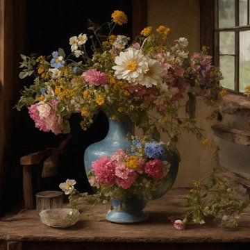 Stilleven van een blauwe vaas met pastelbloemen. van Brian Morgan