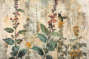Neue ländliche, digitale Collage von Blumen mit einem Vogel