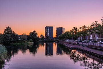 Sunset with the 2 residential towers in Veenendaal