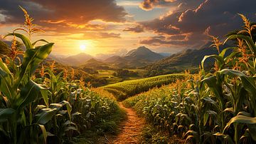 Champ de maïs avec sentier au coucher du soleil dans les montagnes sur Animaflora PicsStock