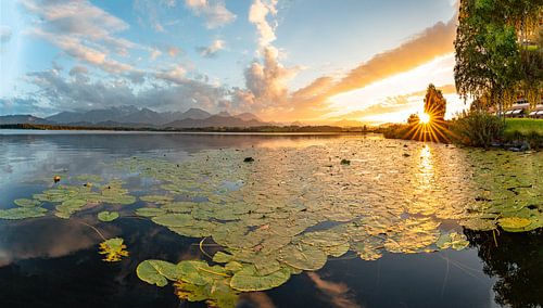 Zonsondergang over de Hopfensee met panoramisch uitzicht