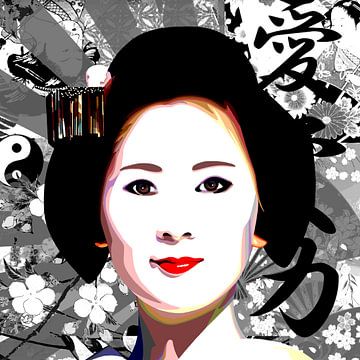 Portret van een Japanse vrouw op een zwart/witte achtergrond van Jole Art (Annejole Jacobs - de Jongh)