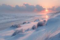 Serene winter zonsondergang over de Noordzee en besneeuwde duinen van Poster Art Shop thumbnail