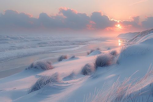 Serene winter zonsondergang over de Noordzee en besneeuwde duinen