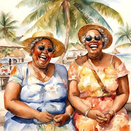2 gezellige dames onder een palmboom