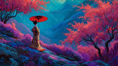 picturesque Japanese landscape art featuring a geisha