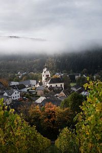 Église dans une vallée brumeuse au milieu des vignes à Kasel - Trier