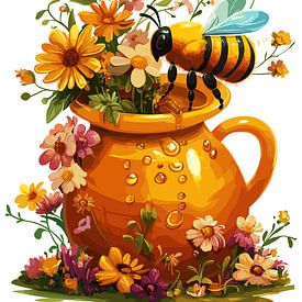 Bij bij honingpot met wilde bloemen van Pixelbull Design