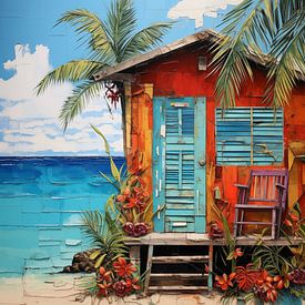 schilderachtige weergave van een houten huisje op het Caribisch strand van Margriet Hulsker