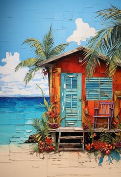 schilderachtige weergave van een houten huisje op het Caribisch strand van Margriet Hulsker