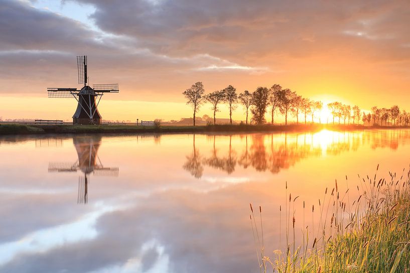 Moulin à vent néerlandais au beau lever du soleil, Pays-Bas par Olha Rohulya
