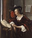 Vrouw leest een boek bij een raam, Gabriel Metsu van Meesterlijcke Meesters thumbnail