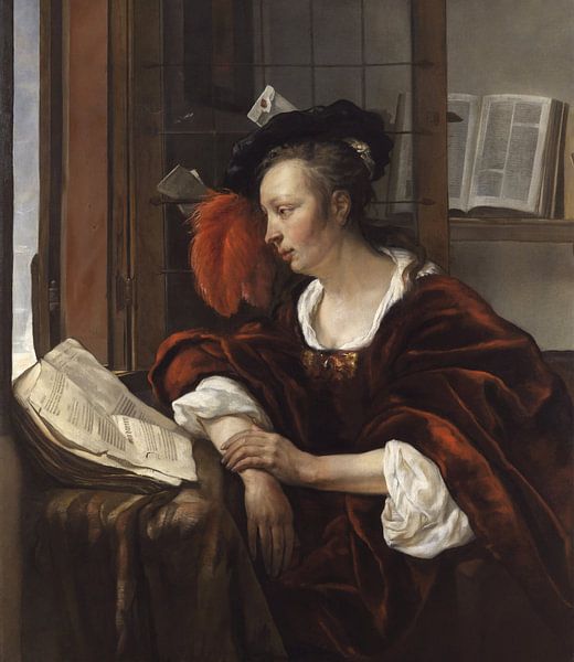 Vrouw leest een boek bij een raam, Gabriel Metsu van Meesterlijcke Meesters