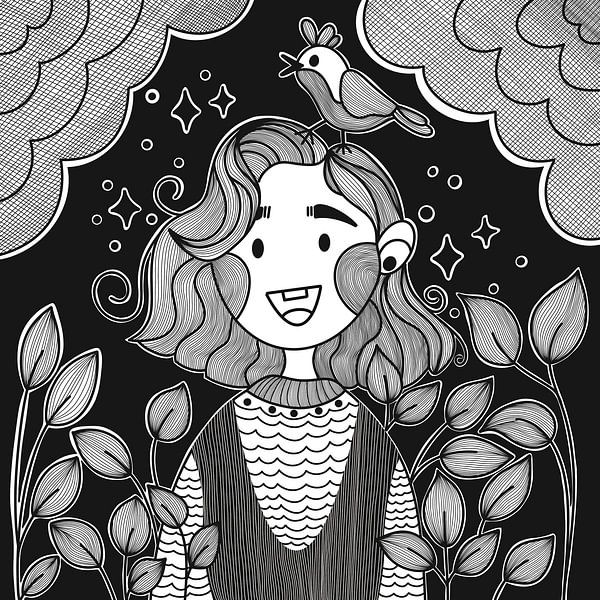 Petite fille aux cheveux courts et à l'oiseau mignon par riz_studio