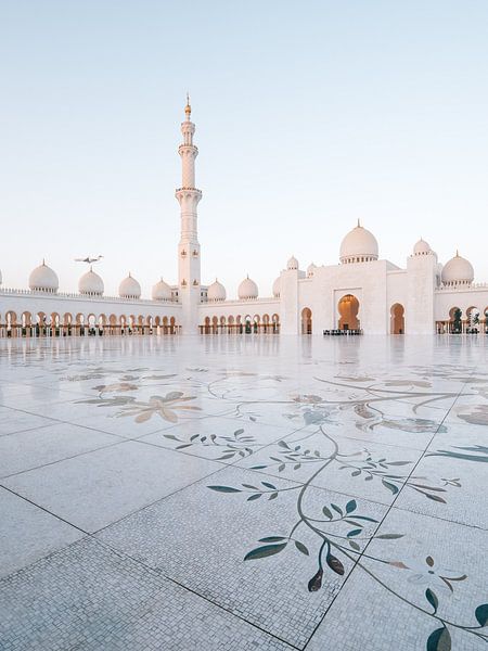 Scheich Zayed-Moschee (Abu Dhabi) mit Flugzeug im Hintergrund am Abend von Michiel Dros