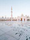 Scheich Zayed-Moschee (Abu Dhabi) mit Flugzeug im Hintergrund am Abend von Michiel Dros Miniaturansicht