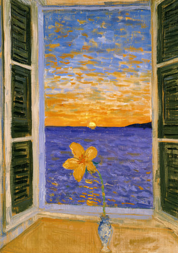 Flowers by the window – A painted sunset scene