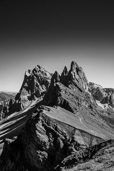 The striking Seceda in the Dolomites in black and white by Stefan Wanning